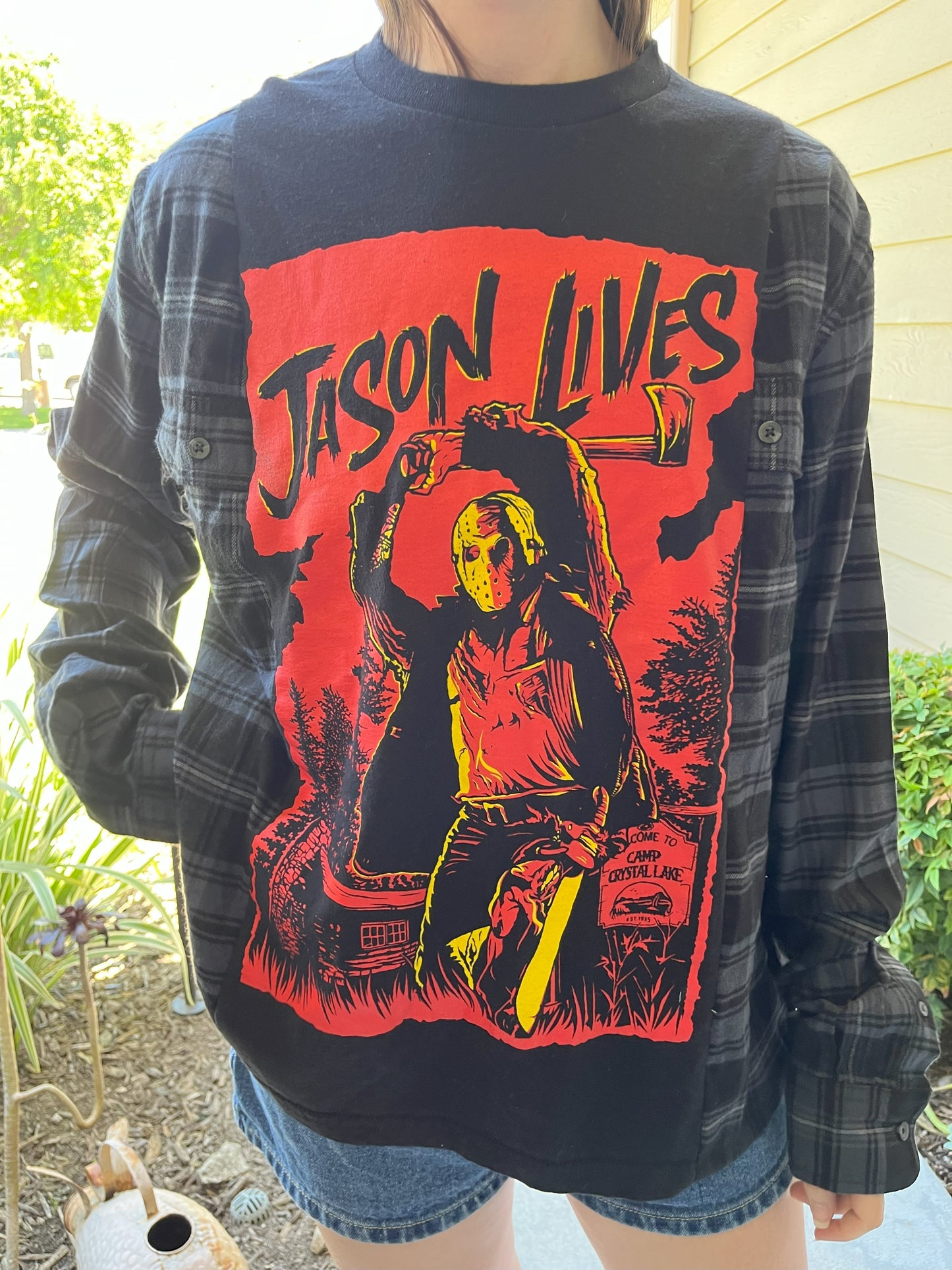 Camp Crystal Lake - Jason Lives - Halloween reworked flannel shirt upcycled one-of-a-kind Men's / Unisex small