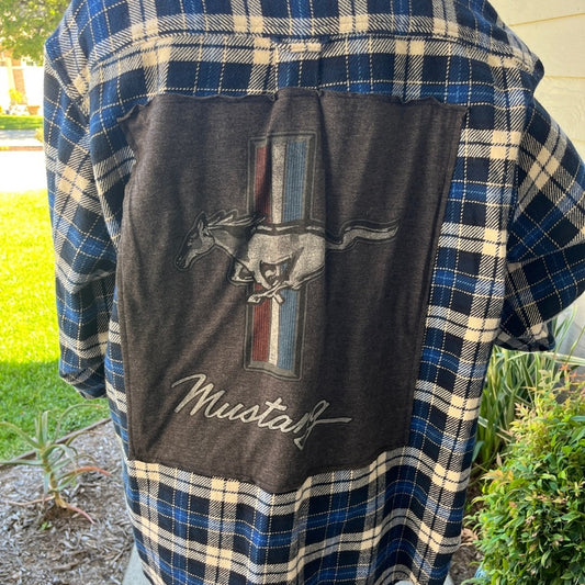 Ford Mustang Flannel Shirt upcycled one of a kind unisex size Large