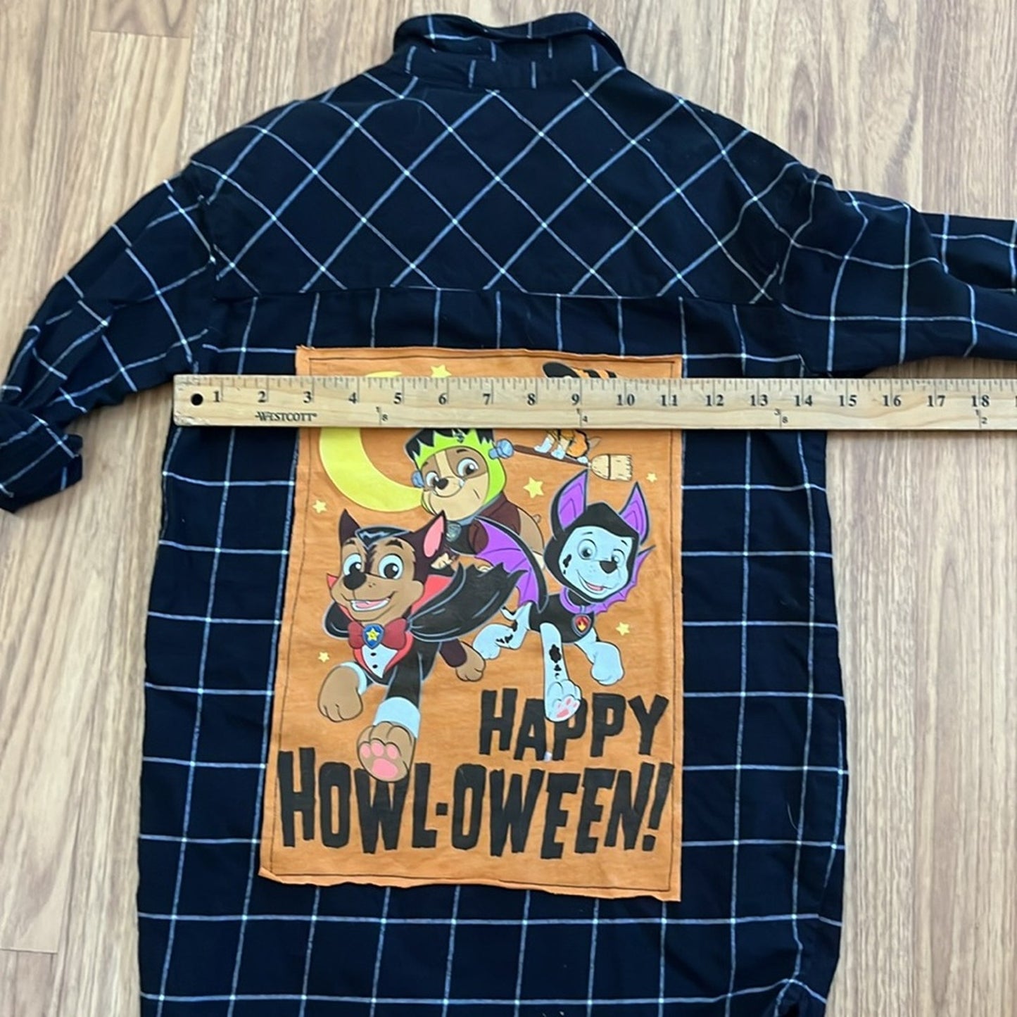 Happy Howl-oween Halloween Flannel shirt upcycled unisex size 6