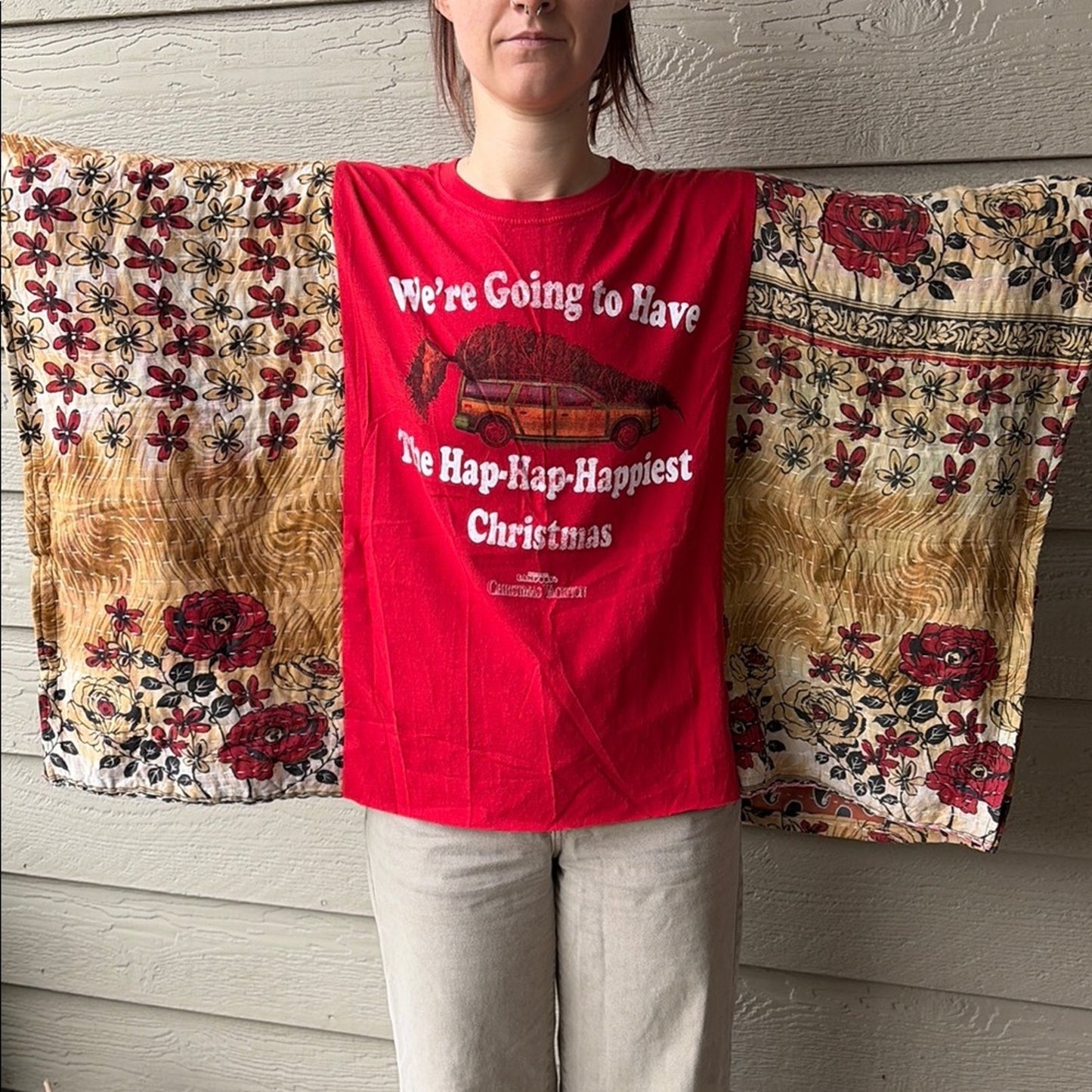 Christmas Vacation Upcycled Kantha Tunic Top Shirt OS Handmade  Bohemian