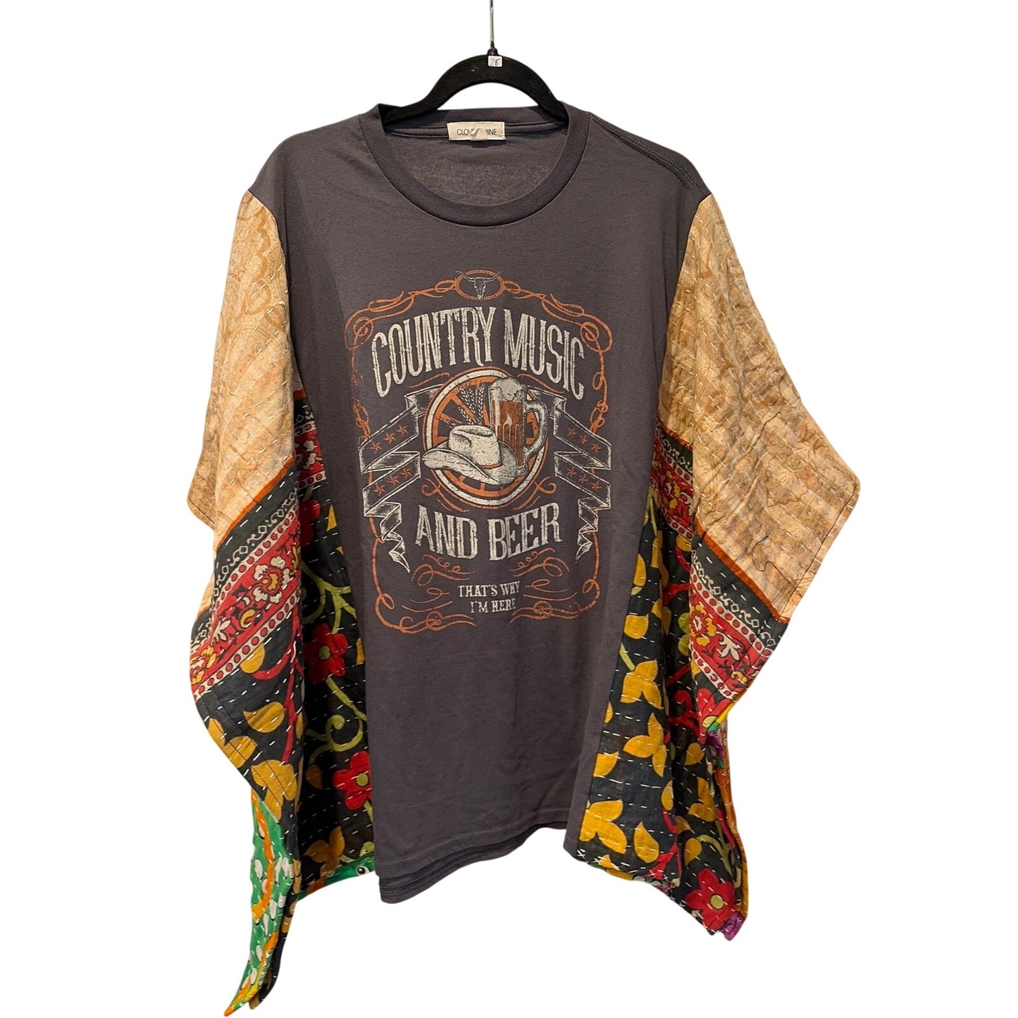 Country Music and Beer Upcycled Kantha Tunic Top Shirt OS Boho