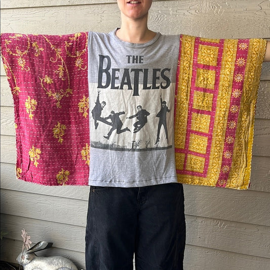 Beatles Upcycled Kantha Tunic Top  Kimono Shirt OS Handmade Bohemian Hippie