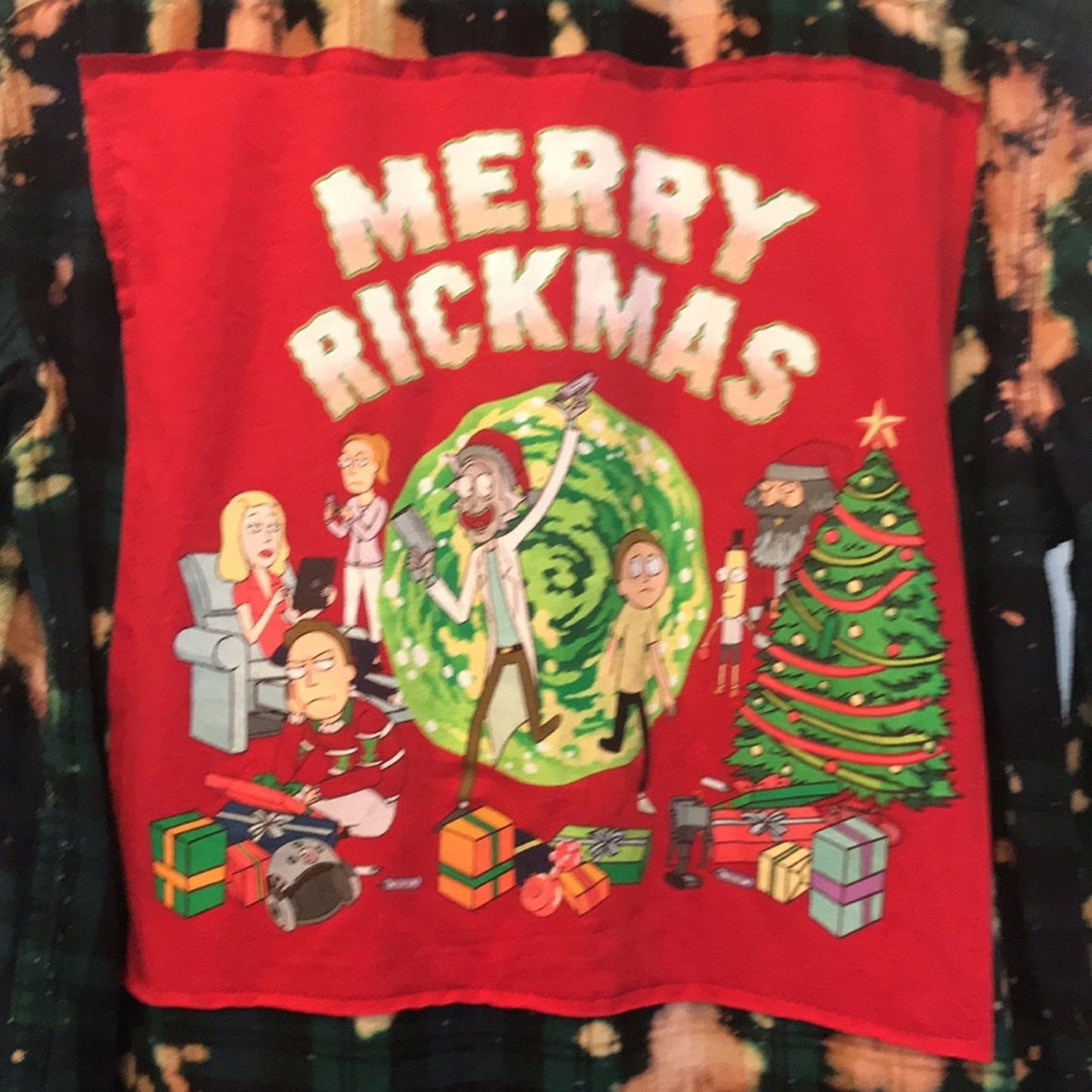 Merry Rickmas Rick & Morty Christmas Upcycled handcrafted flannel shirt unisex M