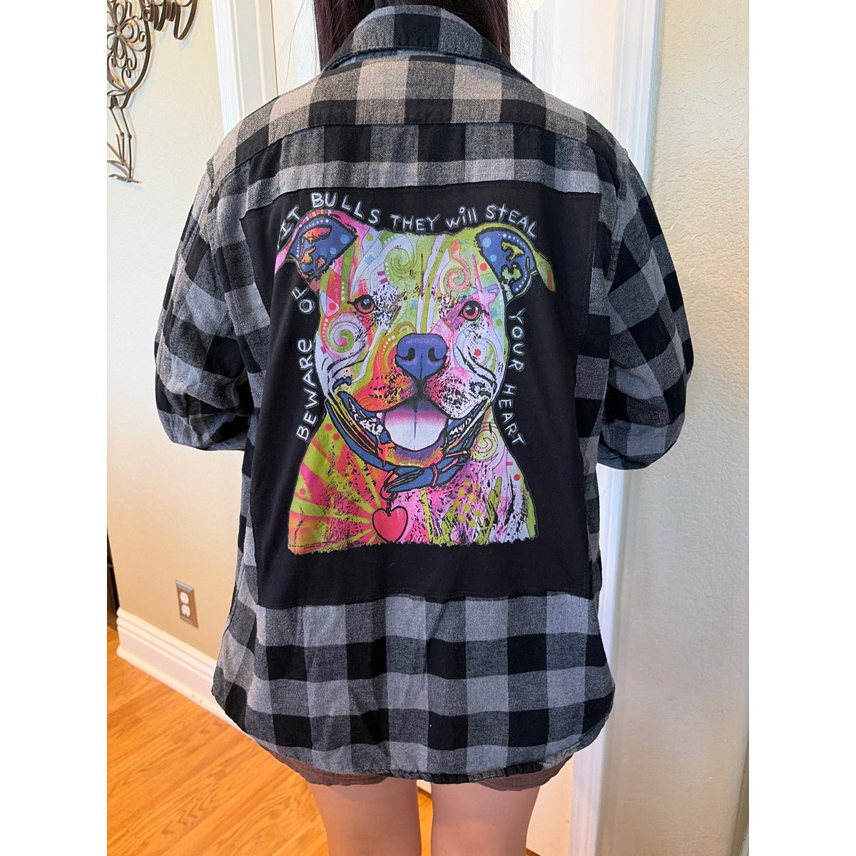 Pitbull Upcycled Flannel Shirt Unisex Size Medium M