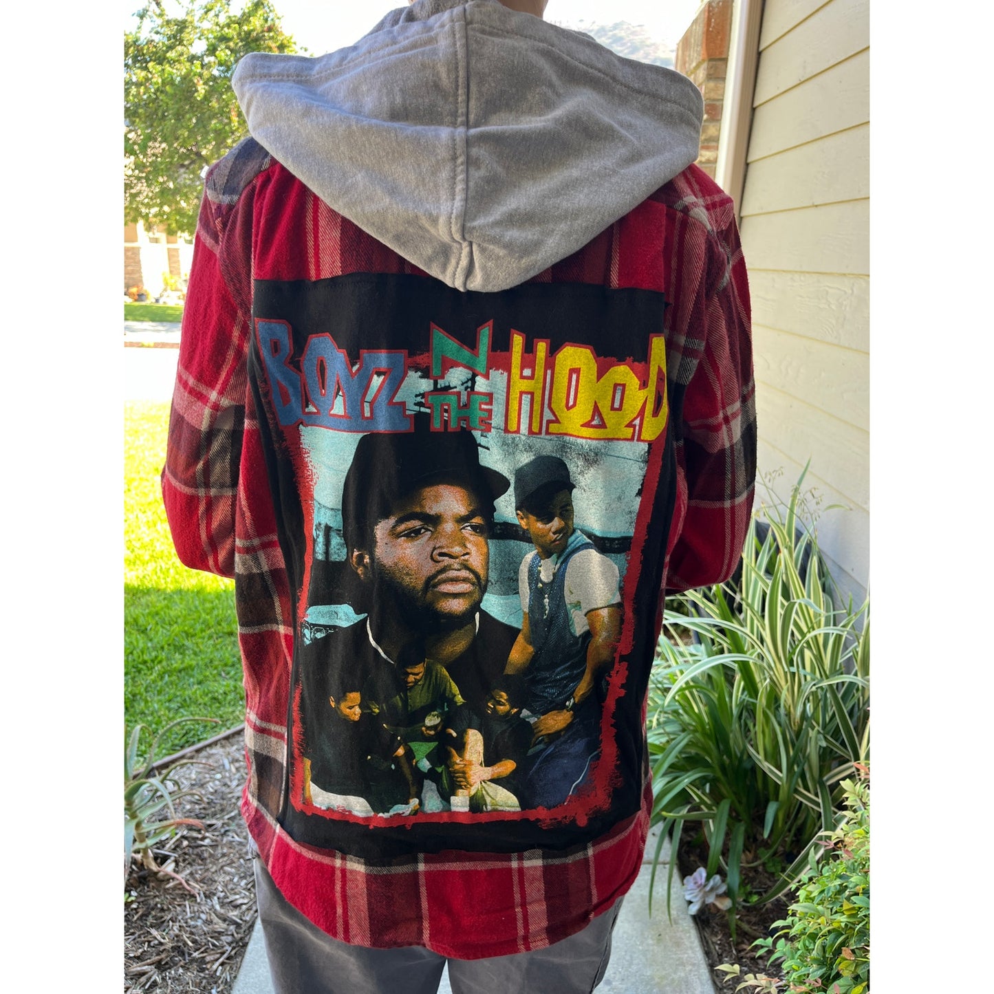 Boys in the Hood Flannel Shirt with hood upcycled one of a kind unisex small