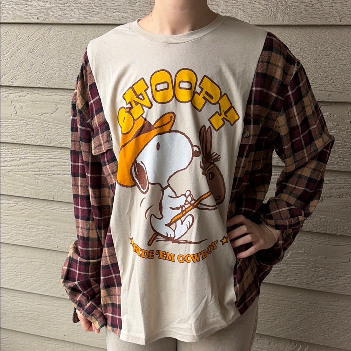 Snoopy Cowboy Upcycled Sweatshirt Flannel Shirt OS Handmade