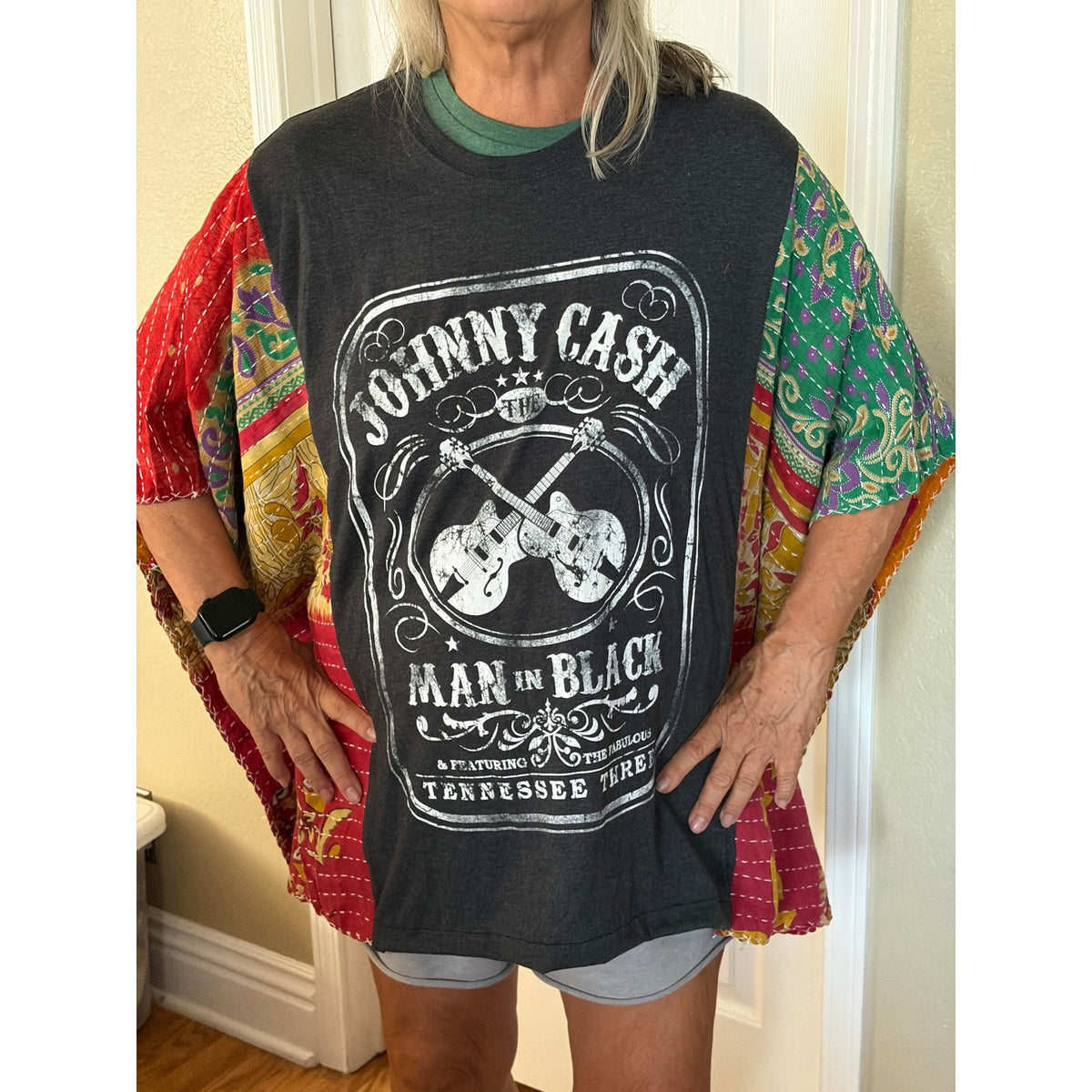 Johnny Cash Upcycled Kantha Tunic Top Shirt OS Handmade Boho