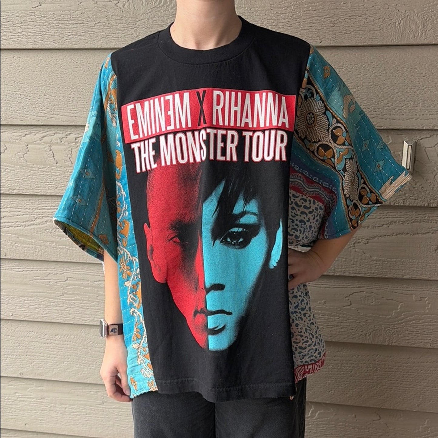 Eminem x Rihanna Upcycled Kantha Tunic Top Shirt OS Handmade Bohemian Hippie