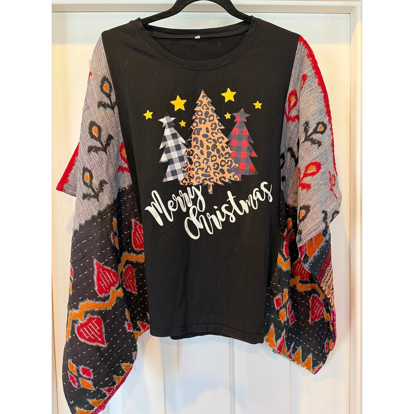 Merry Christmas Trees Upcycled Kantha Tunic Top Shirt OX