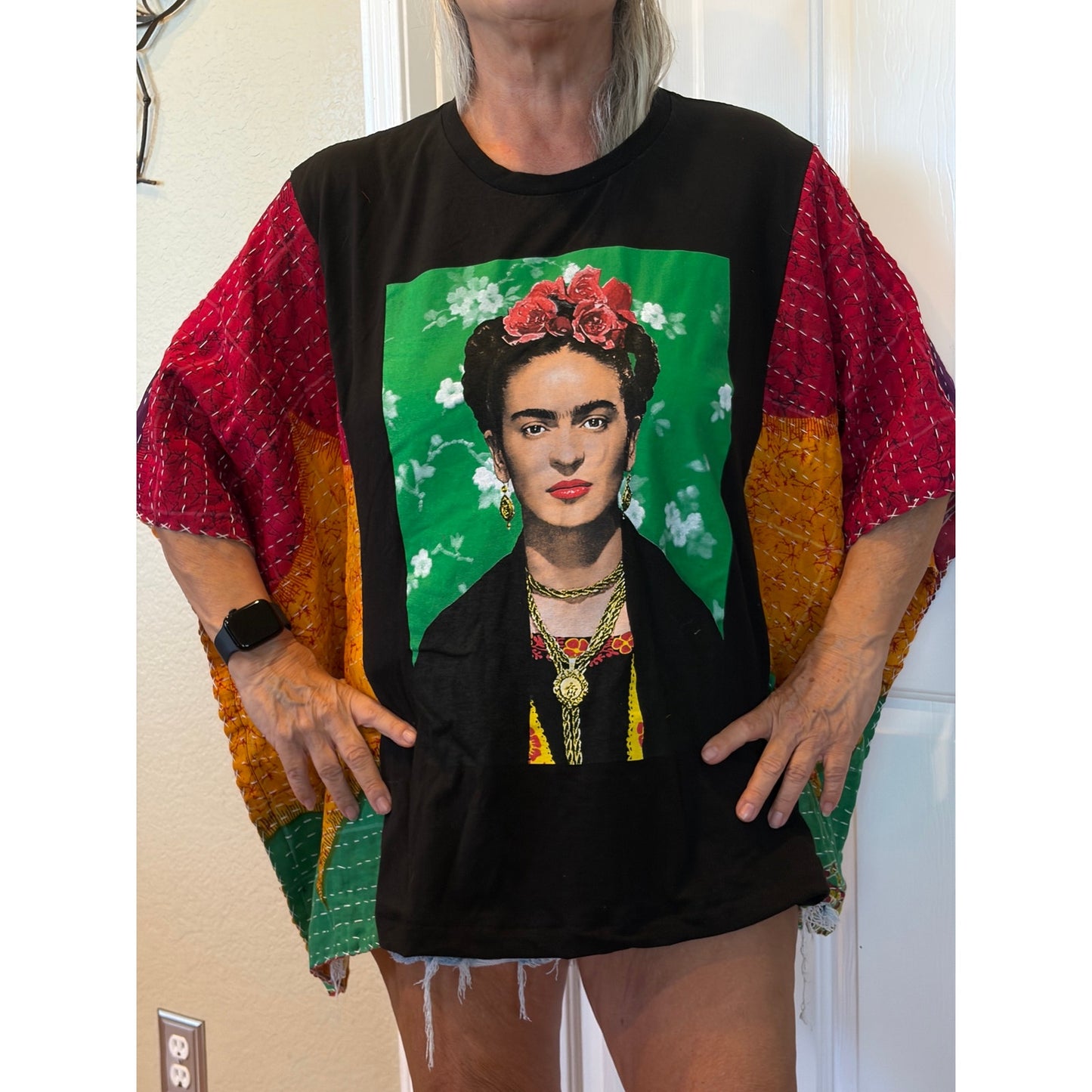 Frida Kahlo Upcycled Kantha Tunic Top Shirt OS Handmade Boho