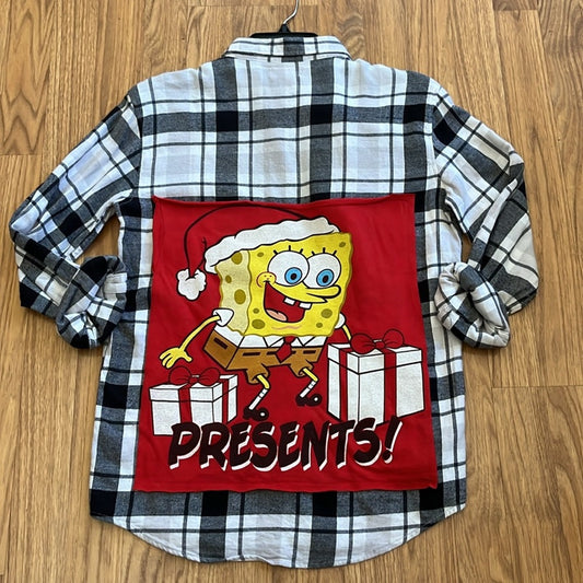 Spongebob Christmas Flannel Shirt upcycled unisex size XL  14 - 16