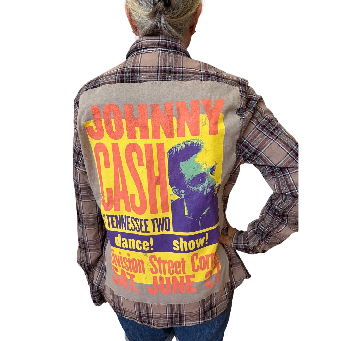 Johnny Cash Upcycled Flannel Shirt Unisex Size XL X-large