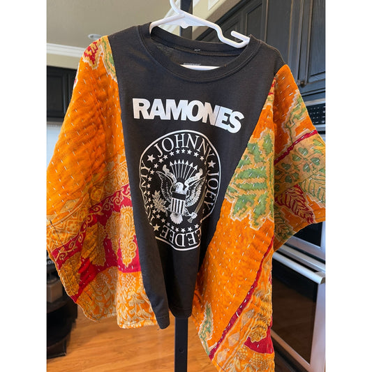 Ramones Upcycled Kantha Tunic Top Shirt OS Handmade Boho