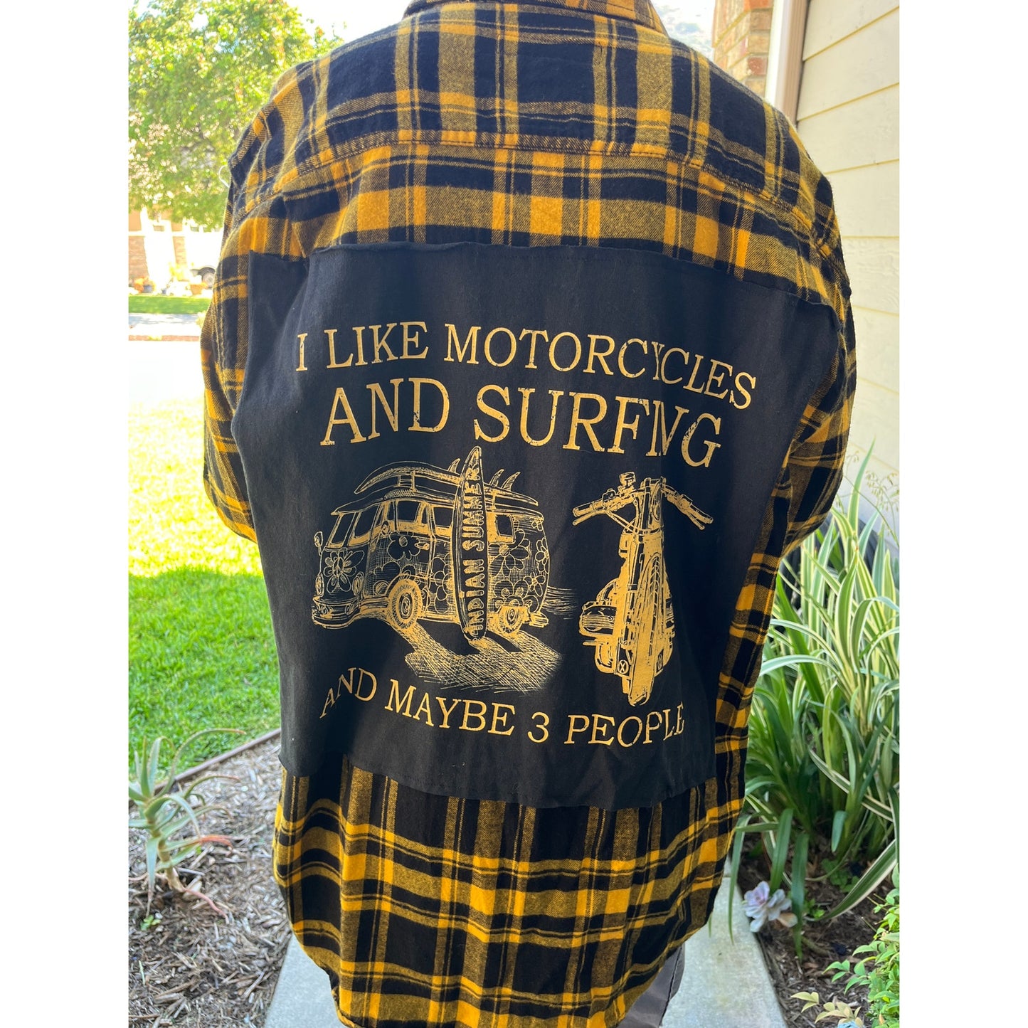 Motorcycles Surfing Flannel Shirt upcycled one of a kind L