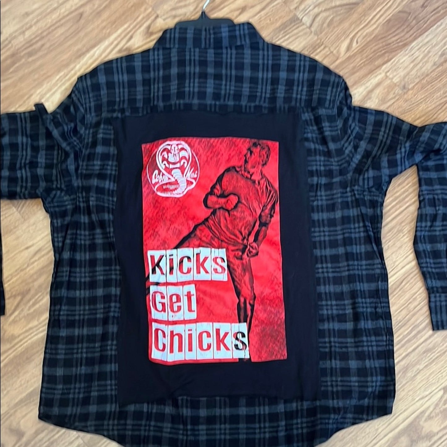 Cobra Kai Kick get Chicks Upcycled Flannel Shirt unisex Size XL Handmade