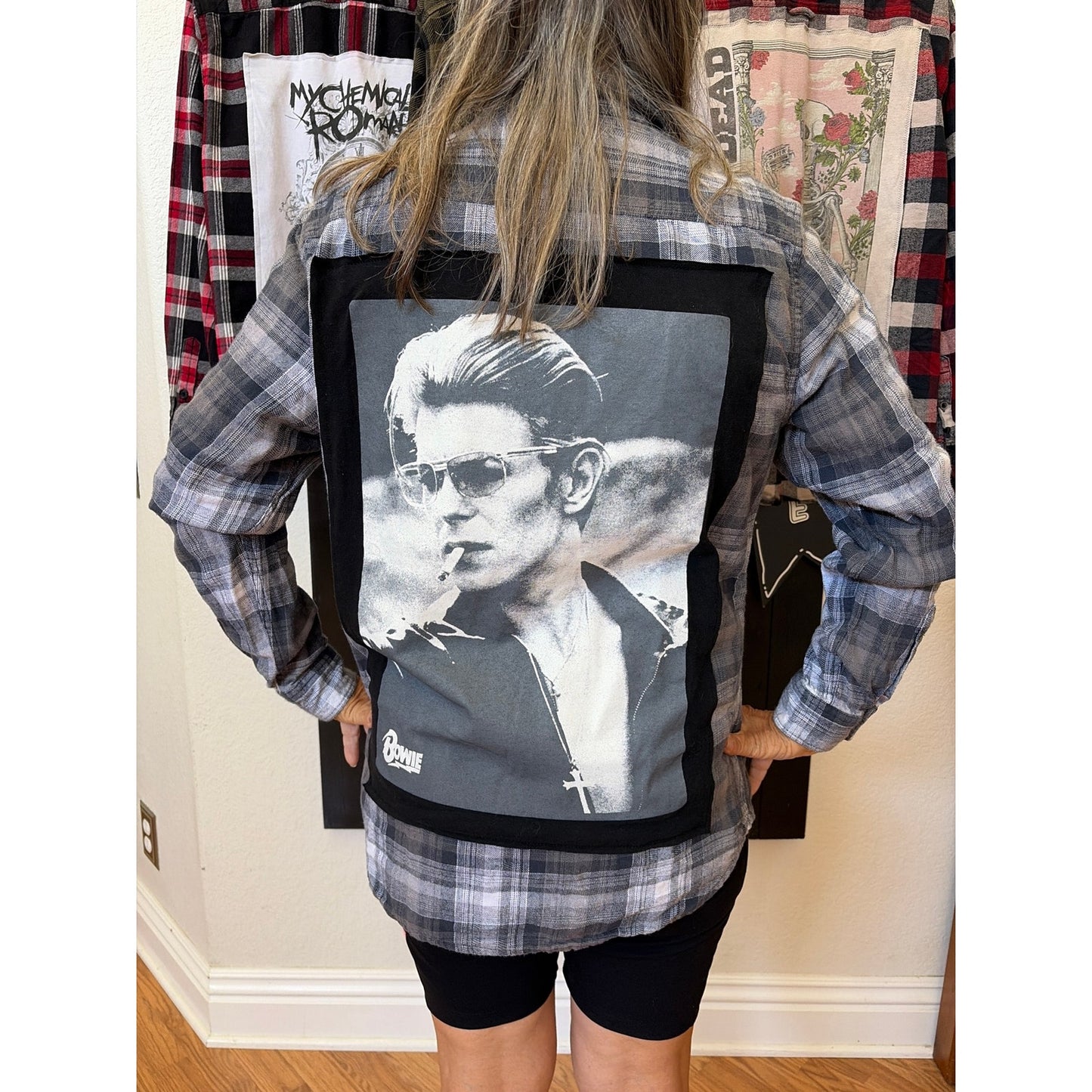 David Bowie Upcycled Flannel Shirt Unisex Large L Handmade