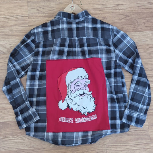 Merry Christmas Santa Flannel Shirt upcycled unisex XL