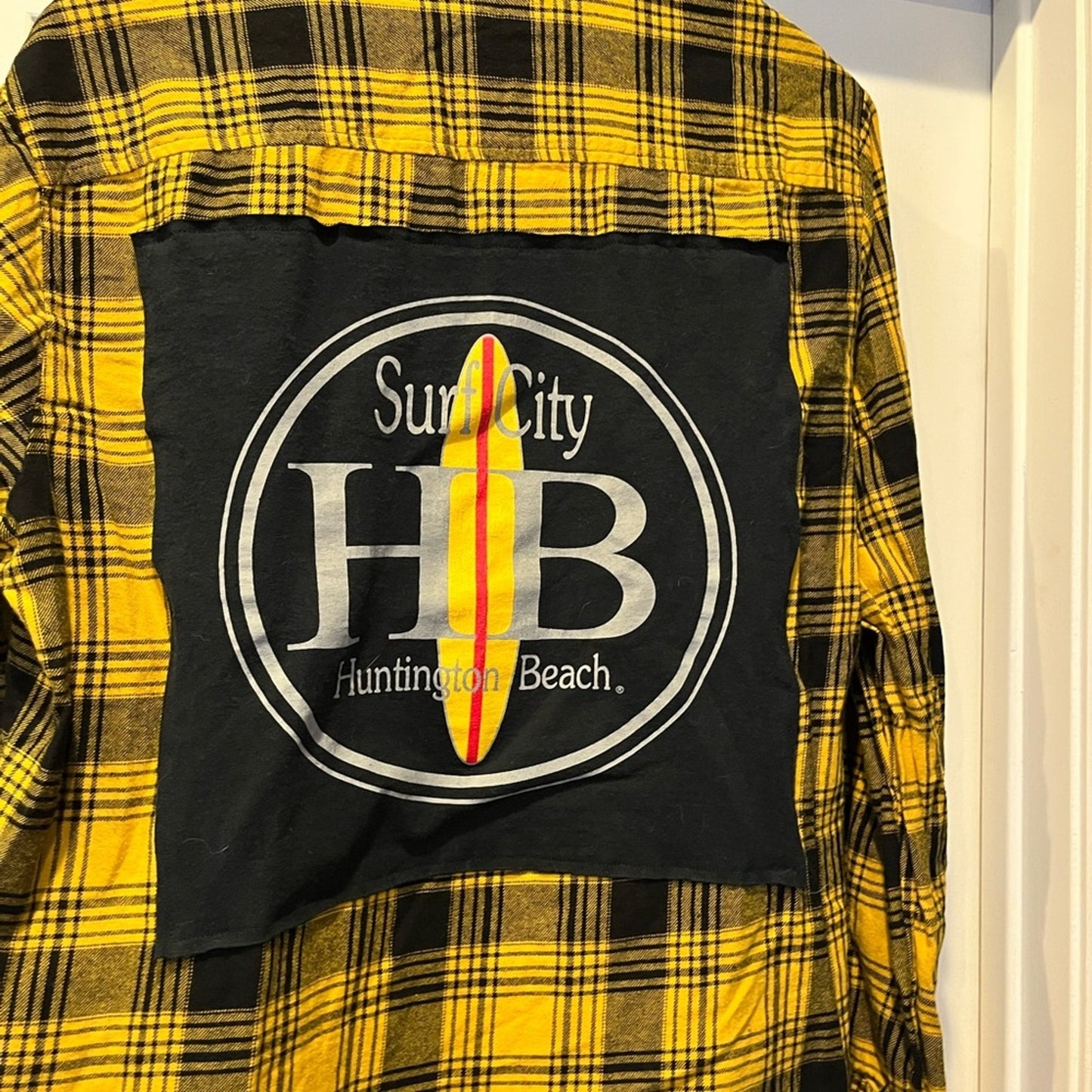 Huntington Beach California Surf City Flannel Shirt upcycled unisex Large