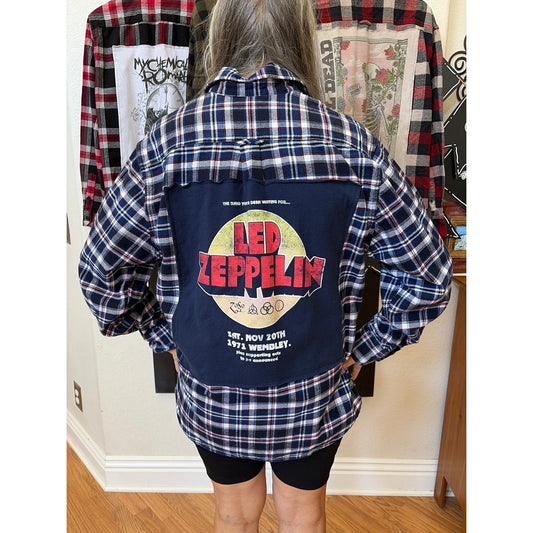Led Zeppelin upcycled Flannel Shirt Unisex Size Large L