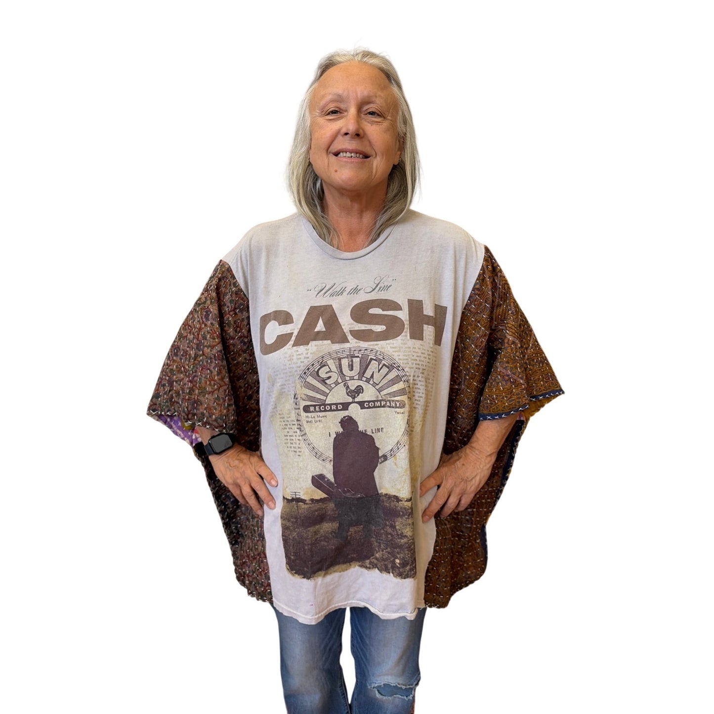 Johnny Cash Upcycled Kantha Tunic Top Shirt OS Handmade Boho