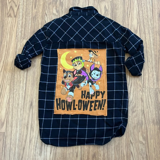 Happy Howl-oween Halloween Flannel shirt upcycled unisex size 6