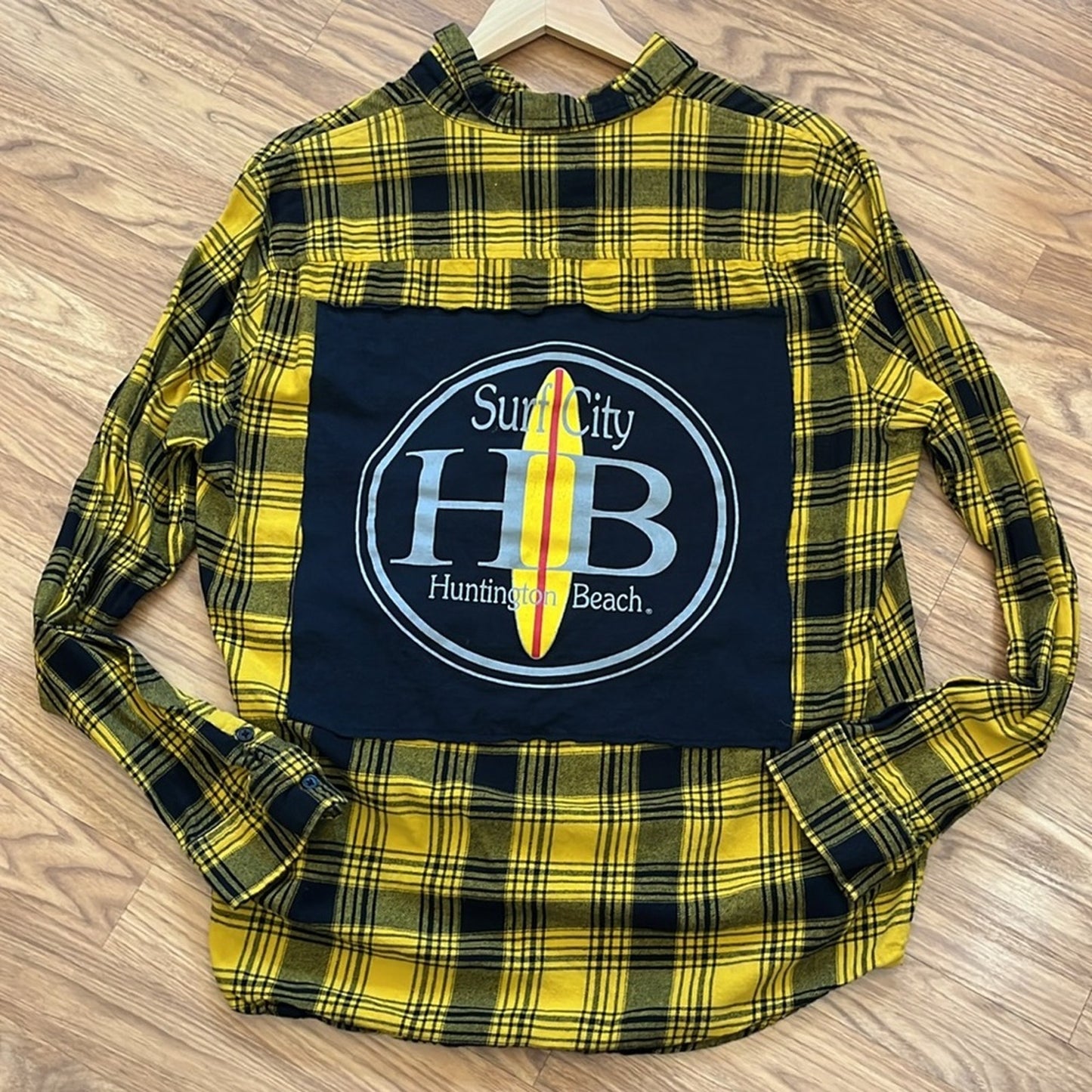 Huntington Beach California Surf City Flannel Shirt upcycled unisex Large