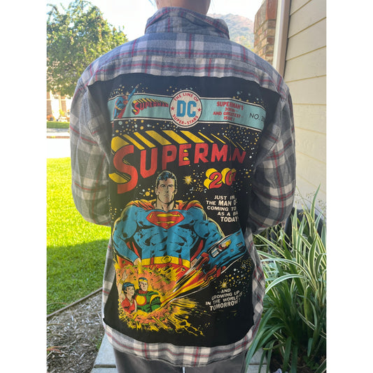 Superman DC Comincs Flannel Shirt upcycled one of a kind unisex Large L