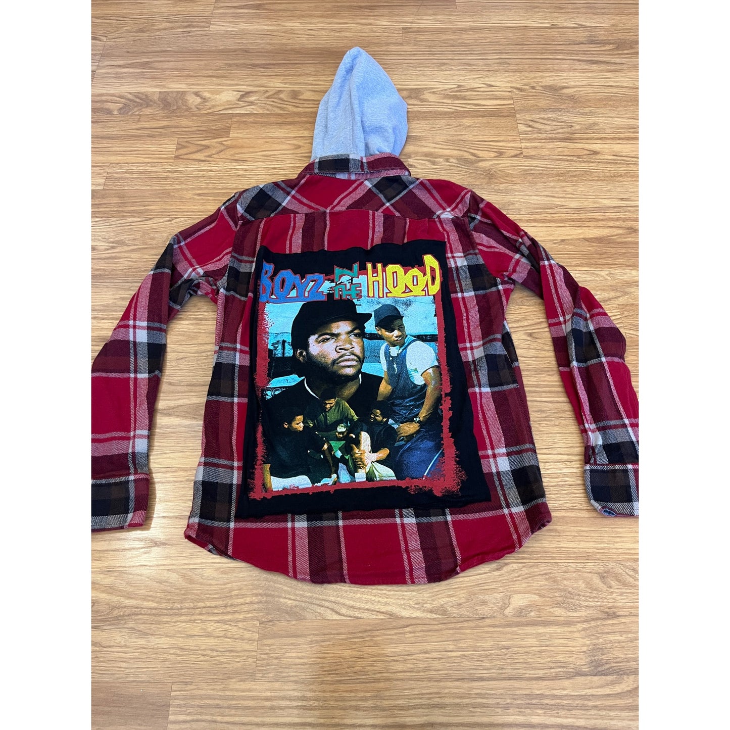 Boys in the Hood Flannel Shirt with hood upcycled one of a kind unisex small