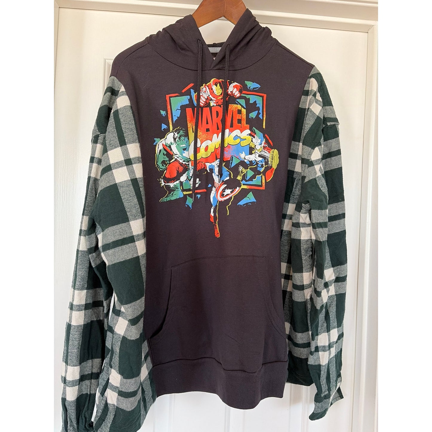 Marvel Comics Avengers Upcycled Flannel Sweatshirt Hoodie OS