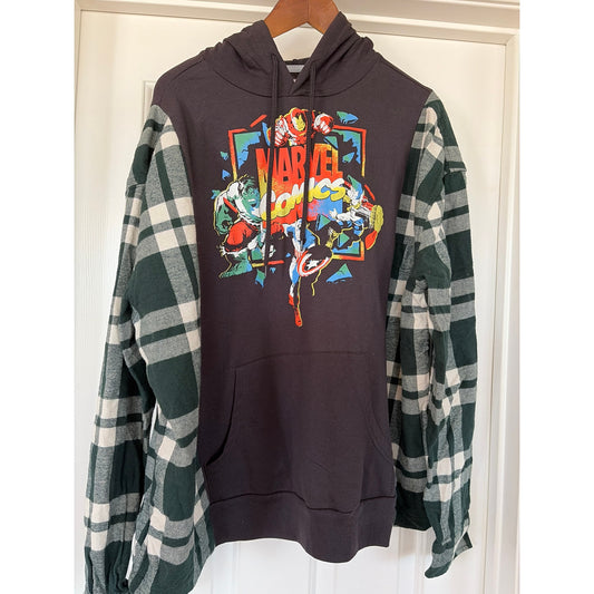 Marvel Comics Avengers Upcycled Flannel Sweatshirt Hoodie OS