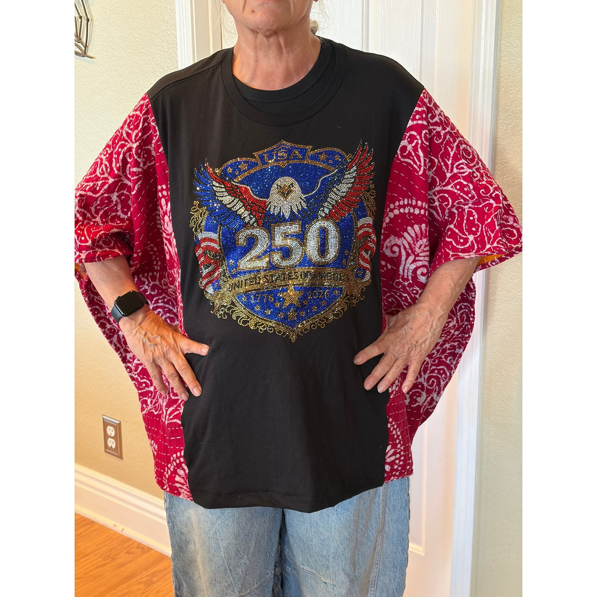 USA 250 Bling Upcycled Kantha Tunic Top Shirt OS Handmade
