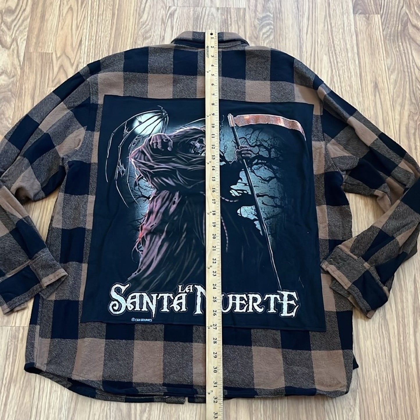 Halloween Santa La Muerte Upcycled Flannel Shirt upcycled size 2XLarge unisex