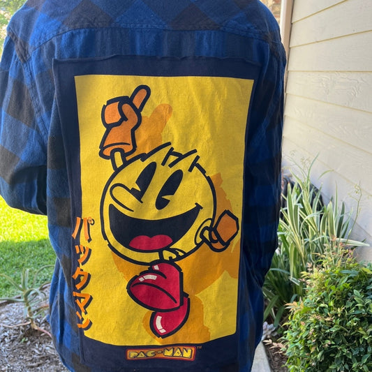 Pac Man Flannel Shirt upcycled one of a kind unisex XL