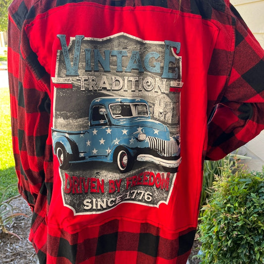 USA Tradition Truck Flannel Shirt upcycled one of a kind unisex large