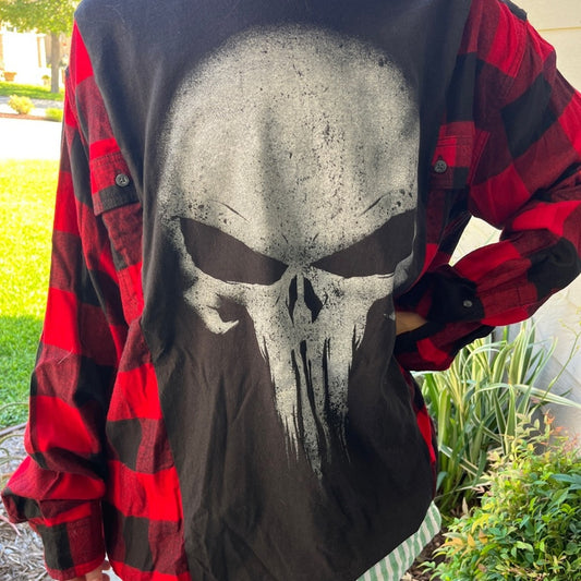 Punisher Flannel shirt / sweatshirt oversized style upcycled one of a kind XL