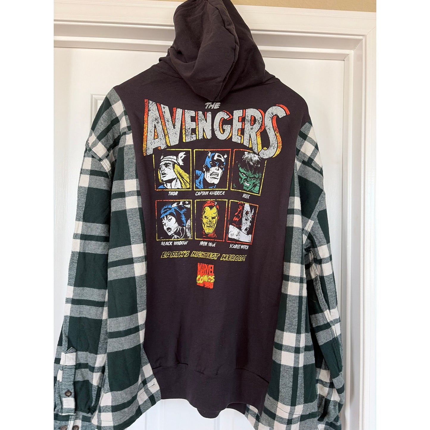 Marvel Comics Avengers Upcycled Flannel Sweatshirt Hoodie OS