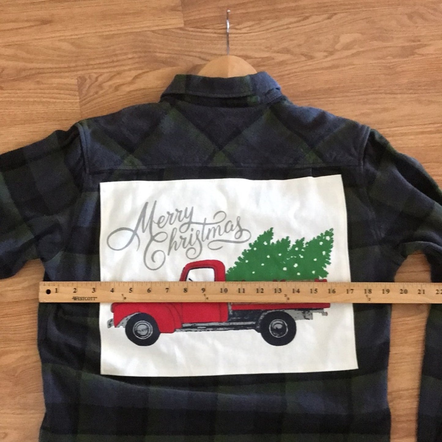 Christmas Truck Merry Christmas Holiday  Upcycled  flannel shirt men’s / unisex Small S