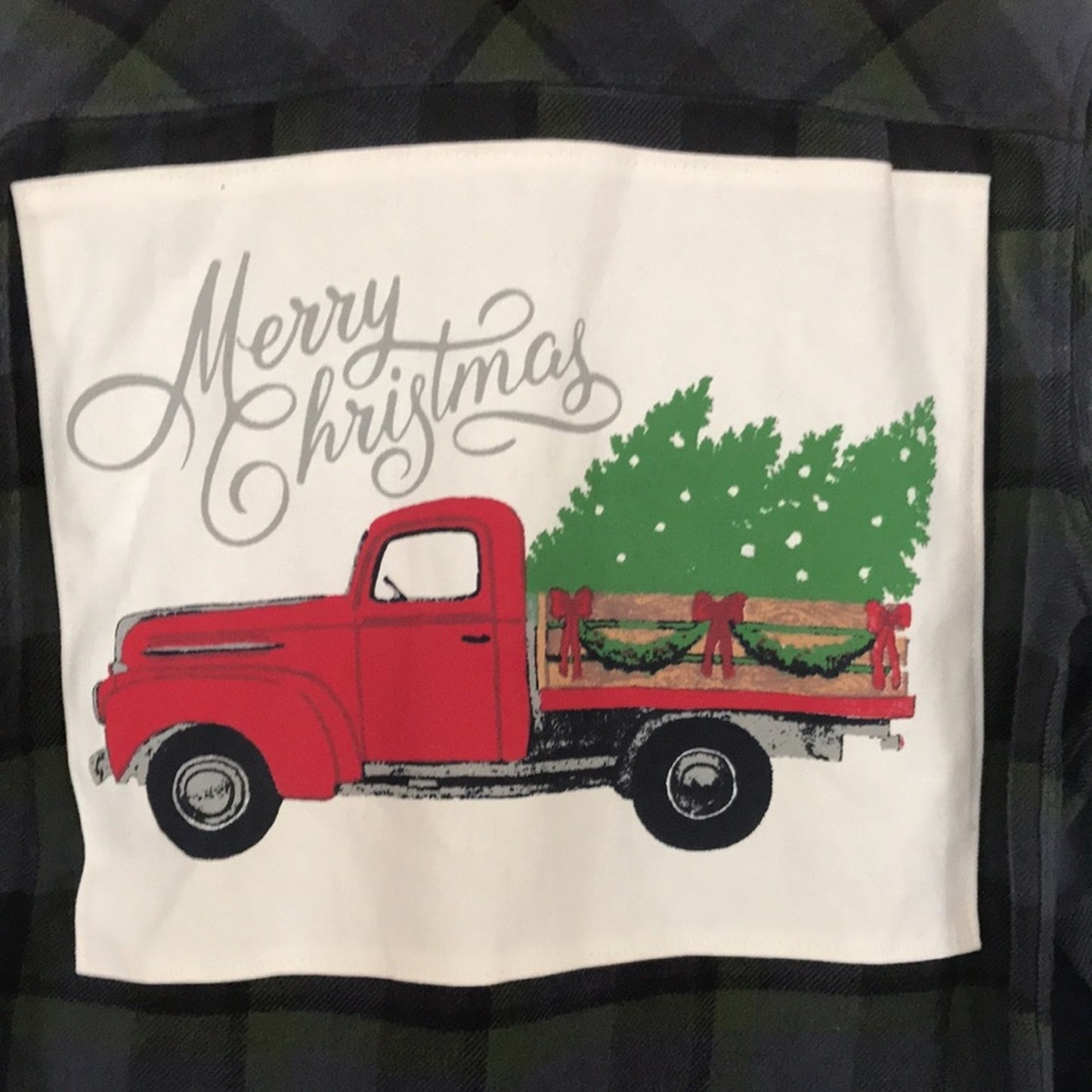 Christmas Truck Merry Christmas Holiday  Upcycled  flannel shirt men’s / unisex Small S