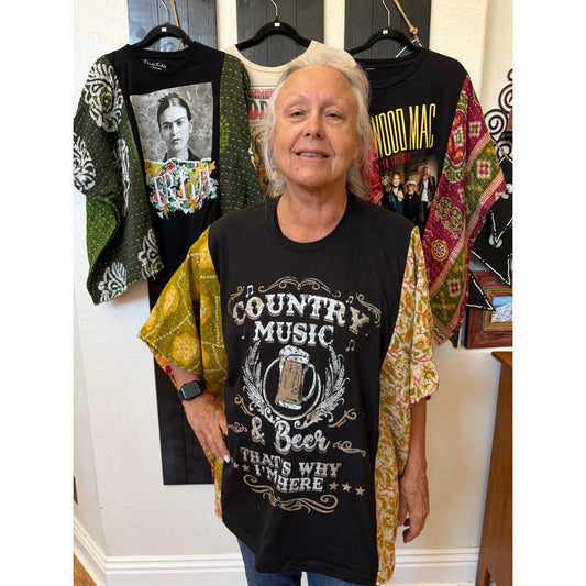 Country Music and Beer Upcycled Kantha Tunic Top Shirt OS Boho