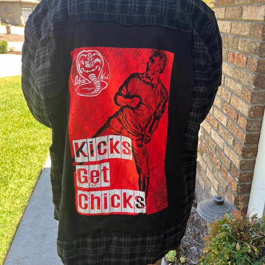 Cobra Kai Kick get Chicks Upcycled Flannel Shirt unisex Size XL Handmade