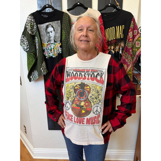 Woodstock Upcycled Flannel Sweatshirt Shirt Oversized OS