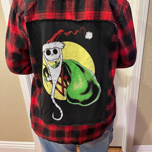 Upcycled Nightmare before Christmas Flannel Shirt Unisex Size Medium M