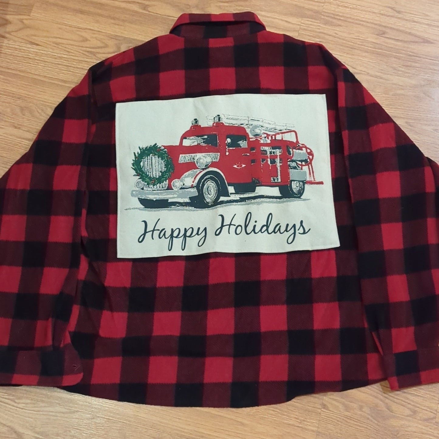 Christmas Firetruck Upcycled Fleece jacket / shirt  Size 2XL