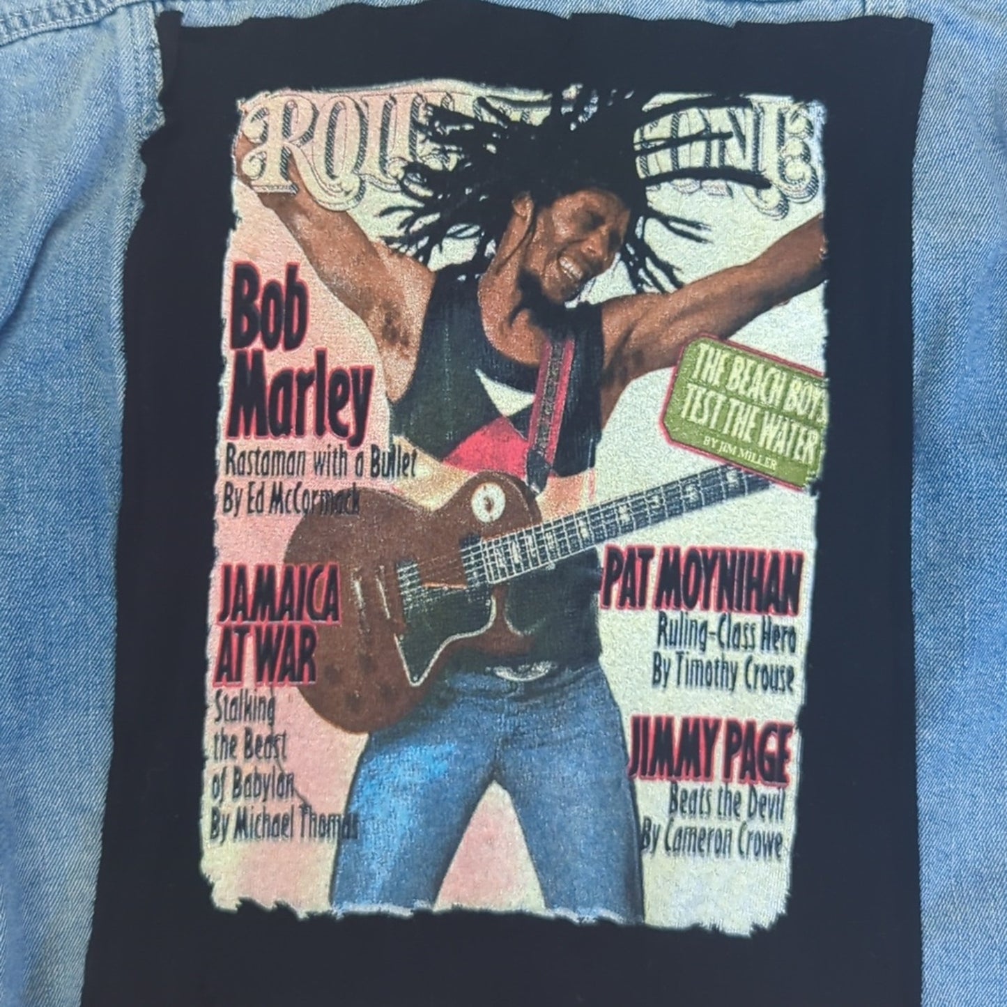 Bob Marley Frayed  Jean Jacket upcycled one of a kind Small