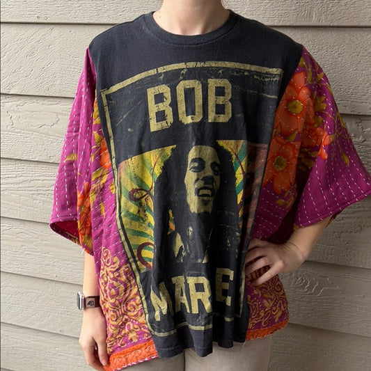 Bob Marley Upcycled Kantha Tunic Top Shirt OS Handmade Bohemian