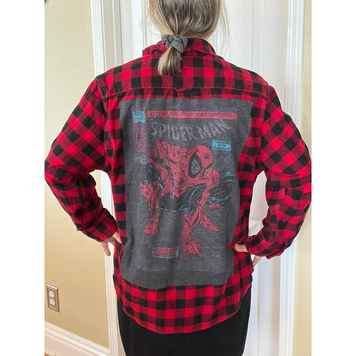 Spiderman Marvel Upcycled Flannel Shirt unisex Large L