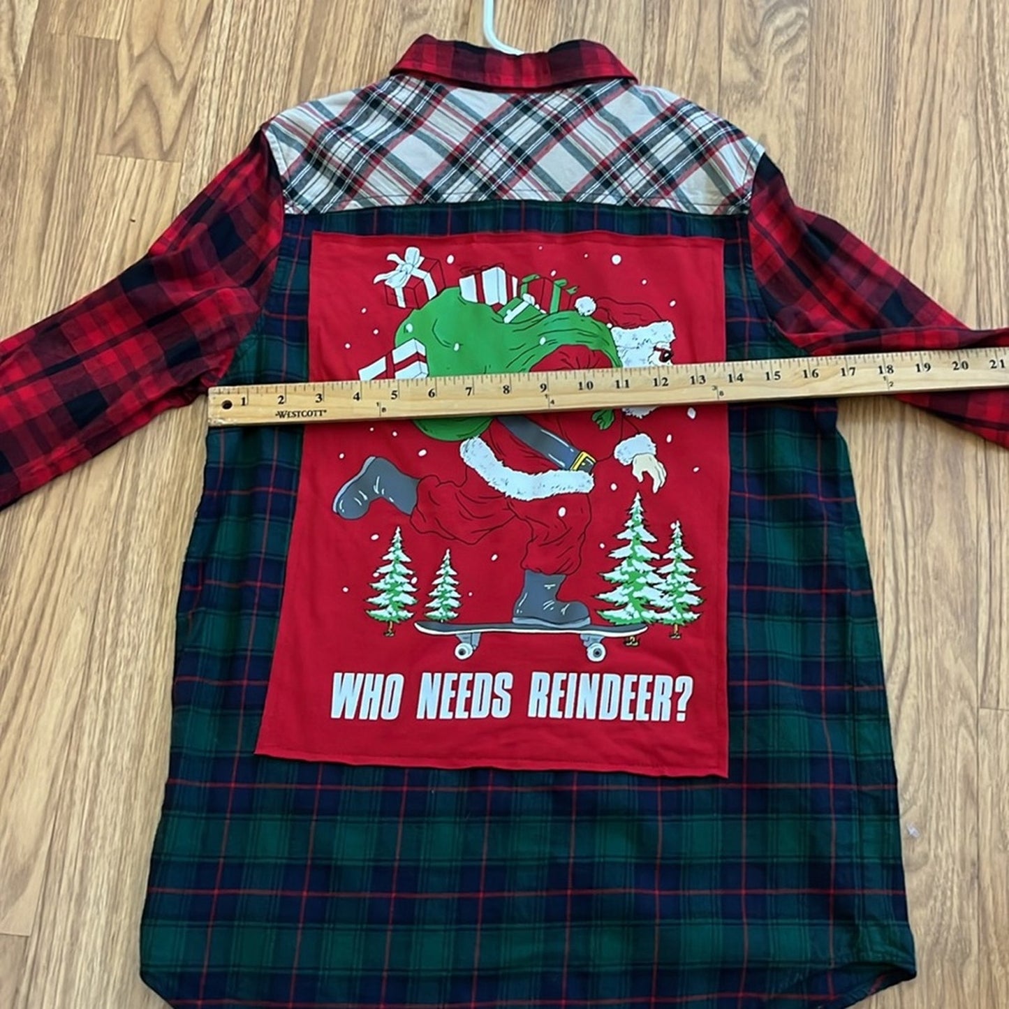 Crhistmas Santa Who needs Reindeer? Flannel Shirt upcycled unisex Large  (12-14)