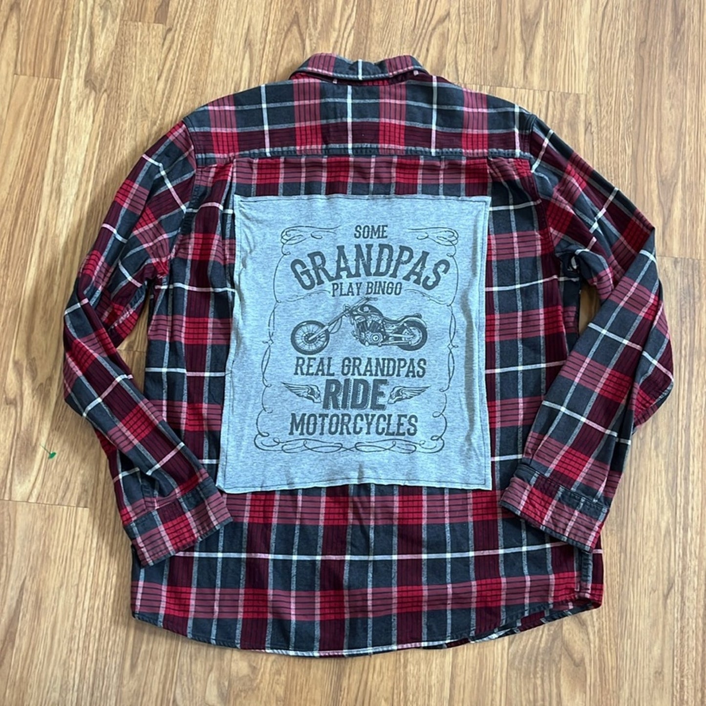 Real Grandpas Ride Motercycles Flannel Shirt Upcycled size Large L