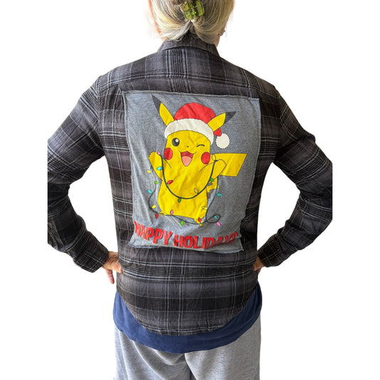 Pokemon Upcycled Christmas Flannel Shirt Unisex Size XS X-small
