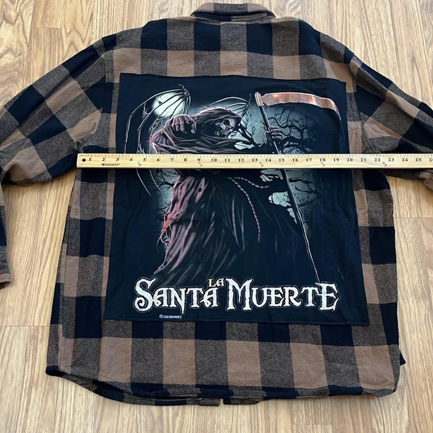 Halloween Santa La Muerte Upcycled Flannel Shirt upcycled size 2XLarge unisex